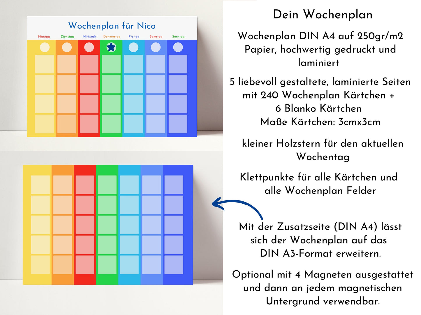 Wochenplan "Montessori" mit Name personalisiert, 246 Routine Karten, laminiert magnetisch Klett, Routineplan für Kinder und Jugendliche