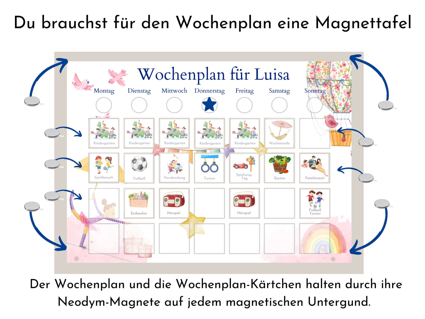 Magnetboard Wochenplan "Ballett" personalisiert für Kinder, 246 Routine Karten, Tagesplan mit 40-80 Magneten, Routineplan mit Bildkarten