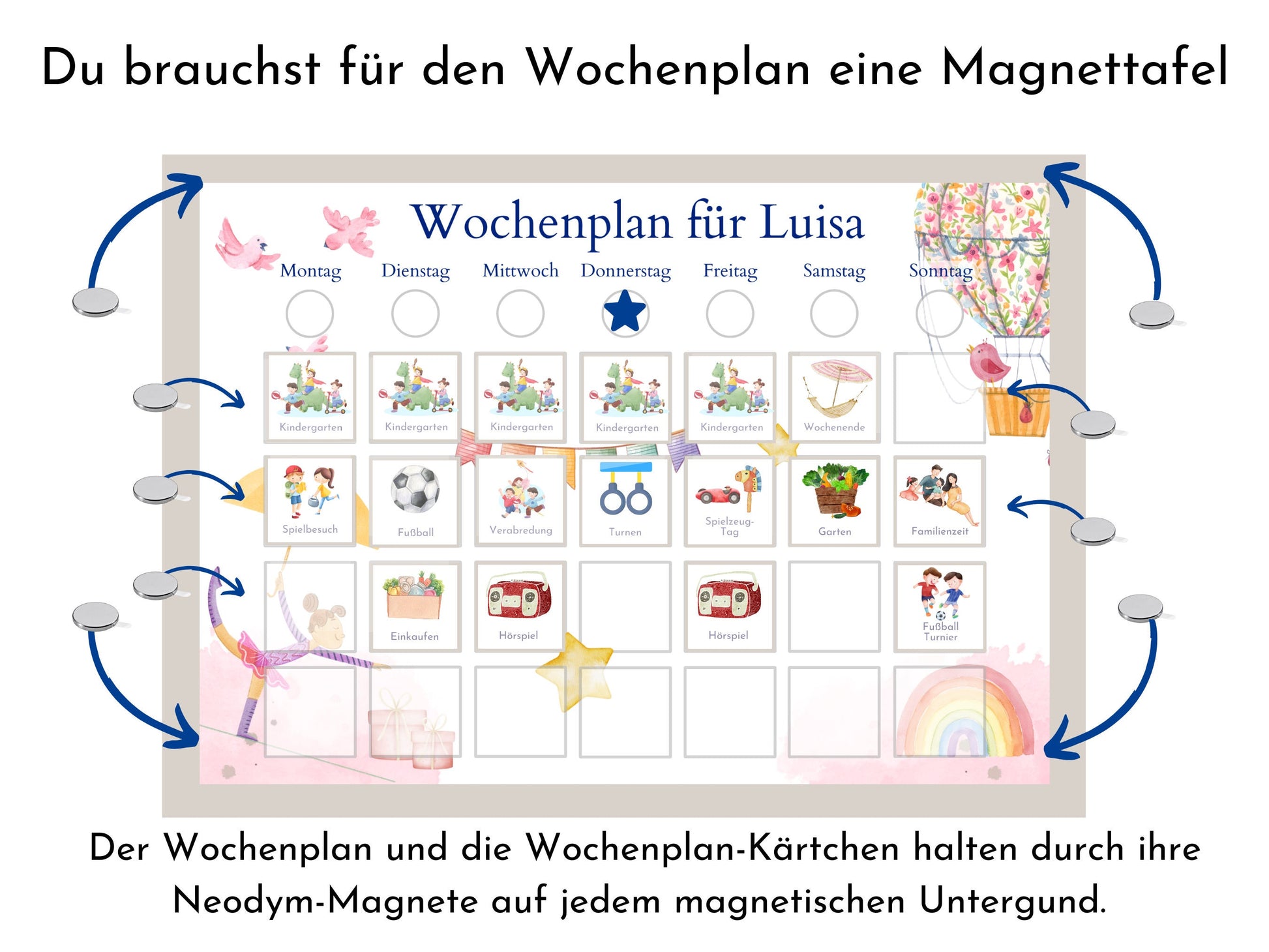 Magnetboard Wochenplan "Ballett" personalisiert für Kinder, 246 Routine Karten, Tagesplan mit 40-80 Magneten, Routineplan mit Bildkarten