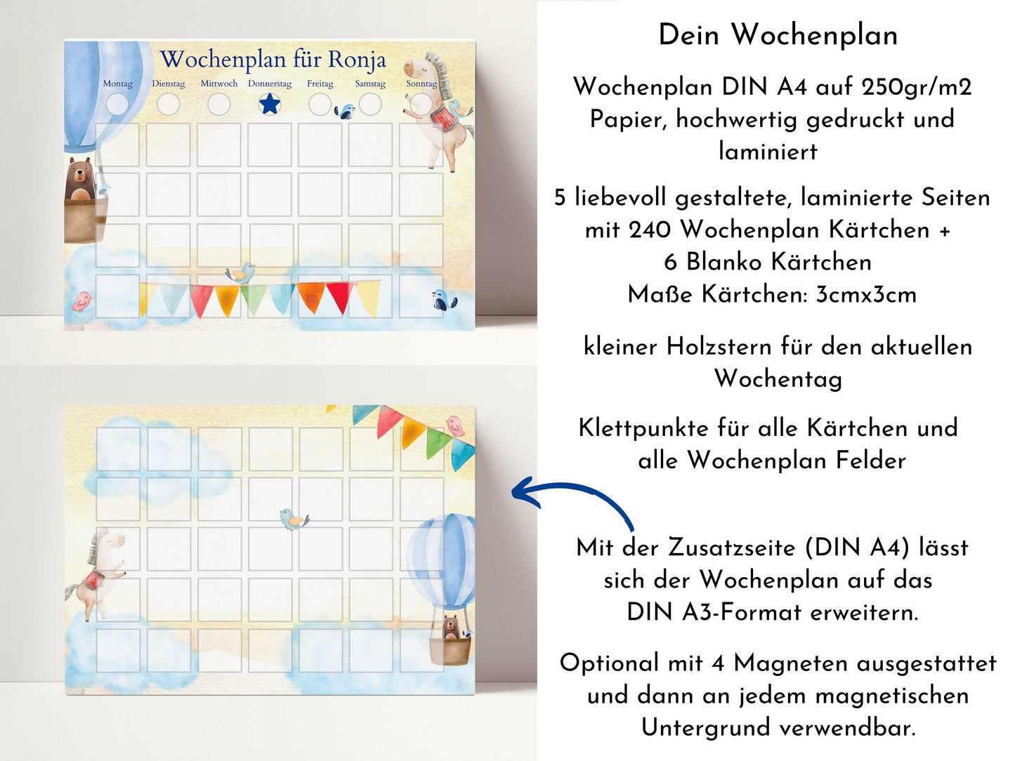 Personalisierter Wochenplan "Heissluftballon" personalisiert für Kinder mit 246 Routine Karten, Montessori Routineplan von Familie Nordstern