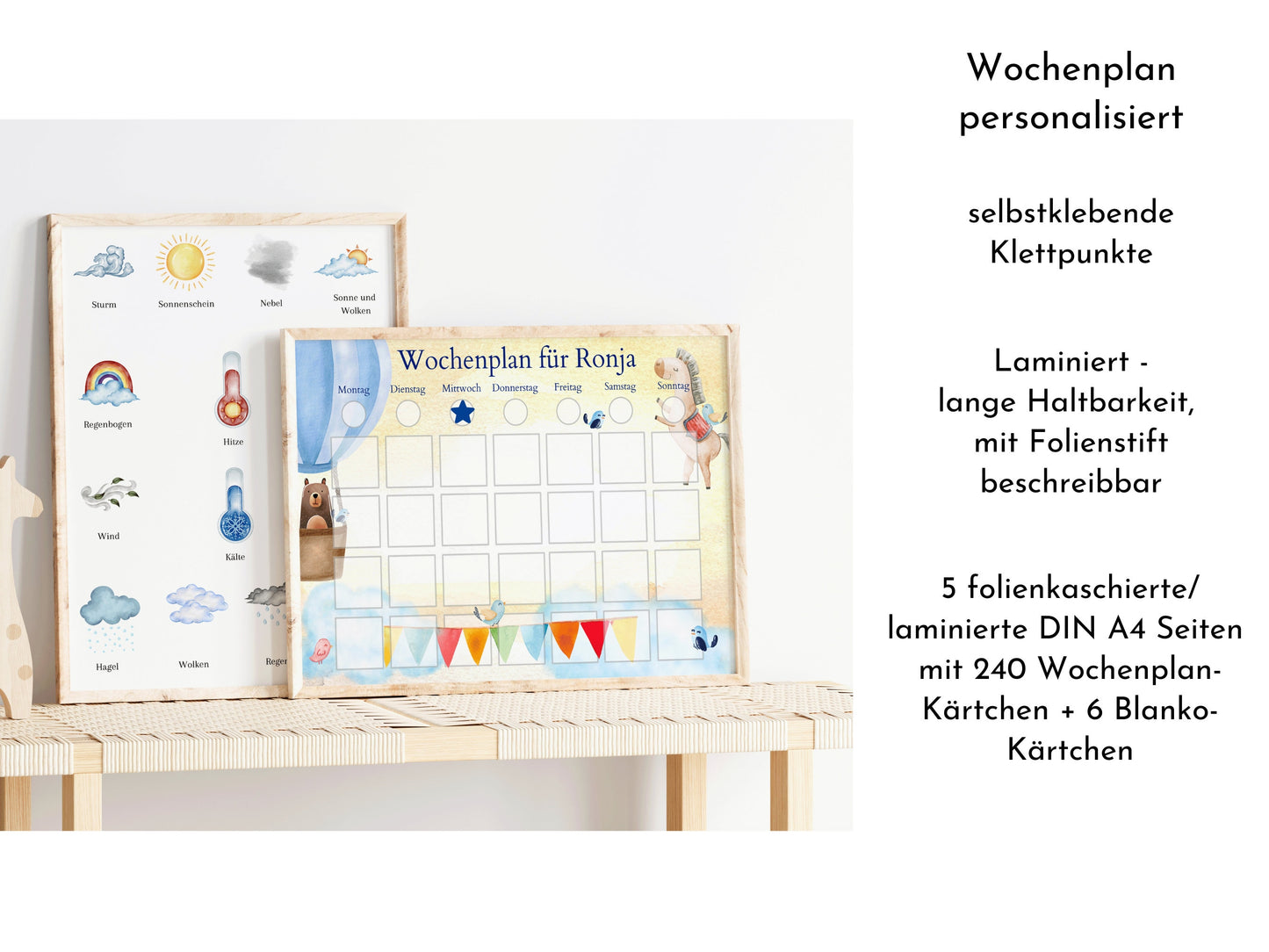 Personalisierter Wochenplan "Heissluftballon" personalisiert für Kinder mit 246 Routine Karten, Montessori Routineplan von Familie Nordstern