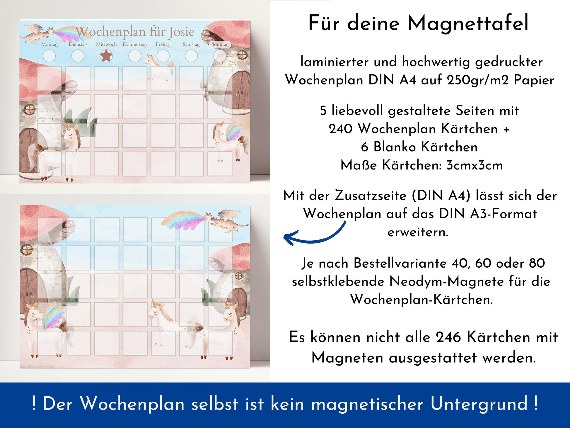 Personalisierter Wochenplan "Drache und Einhorn" für Kinder, 246 Routine Karten, Tagesplan mit 40-80 Magneten, Routineplan mit Bildkarten