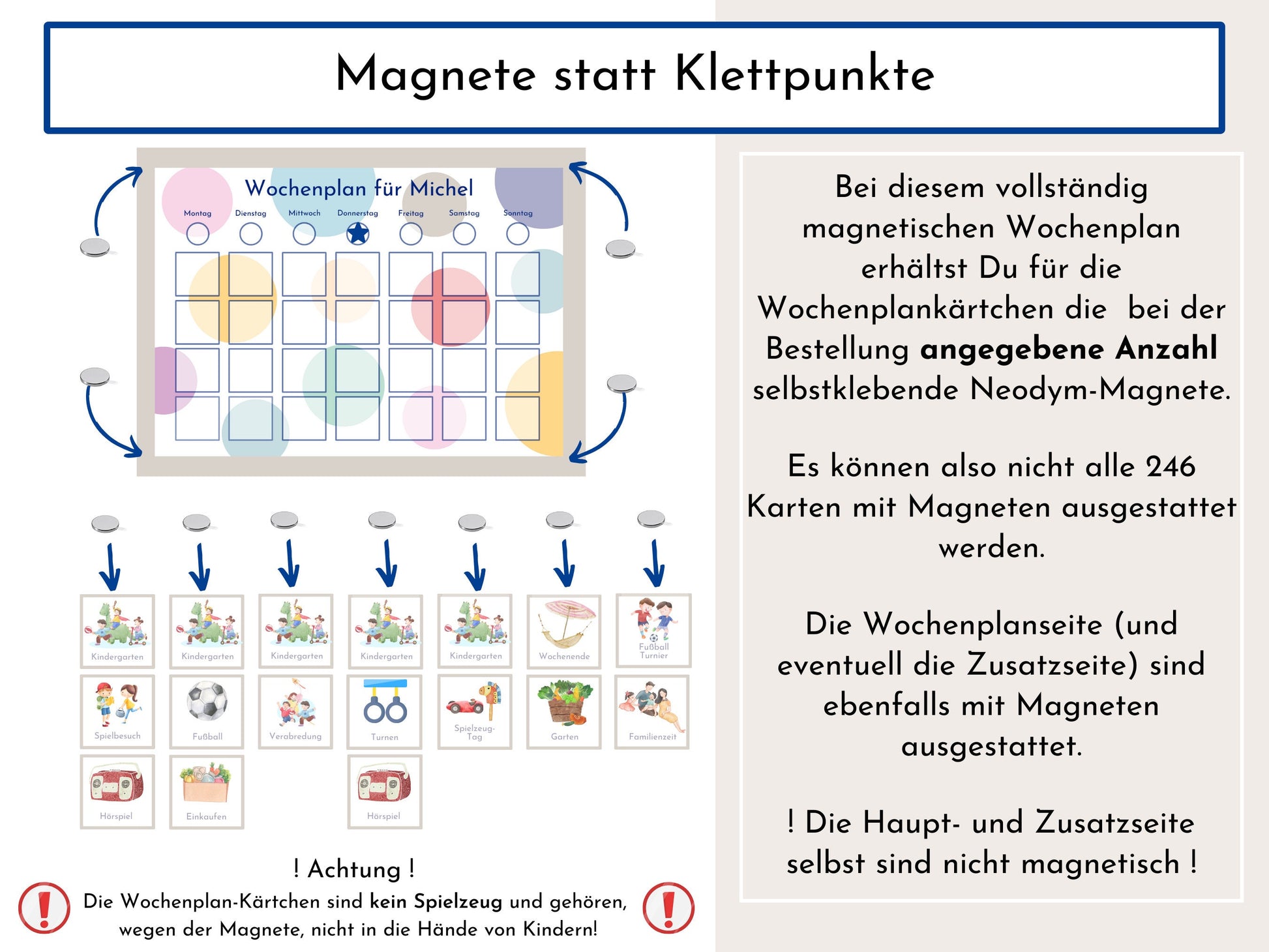 Magnetboard Wochenplan "Bunte Kreise" für Kinder, 246 Routine Karten, 40-80 Neodym-Magnete, Montessori Routineplan von Familie Nordstern