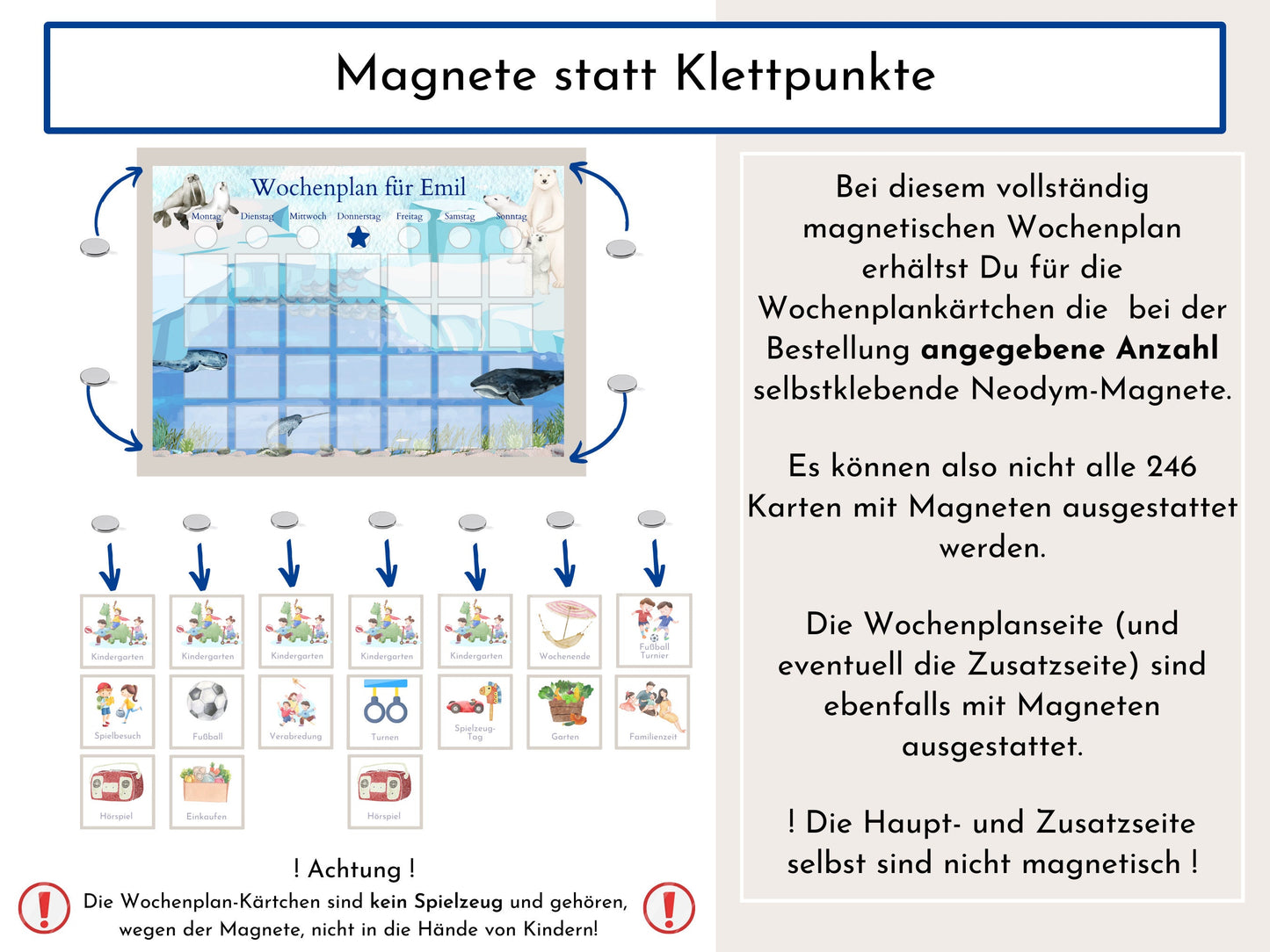 Magnetboard Wochenplan "Polarmeer" für Kinder und Teenager, 246 Routine Karten, 40-80 Neodym-Magnete, Routineplan von Familie Nordstern