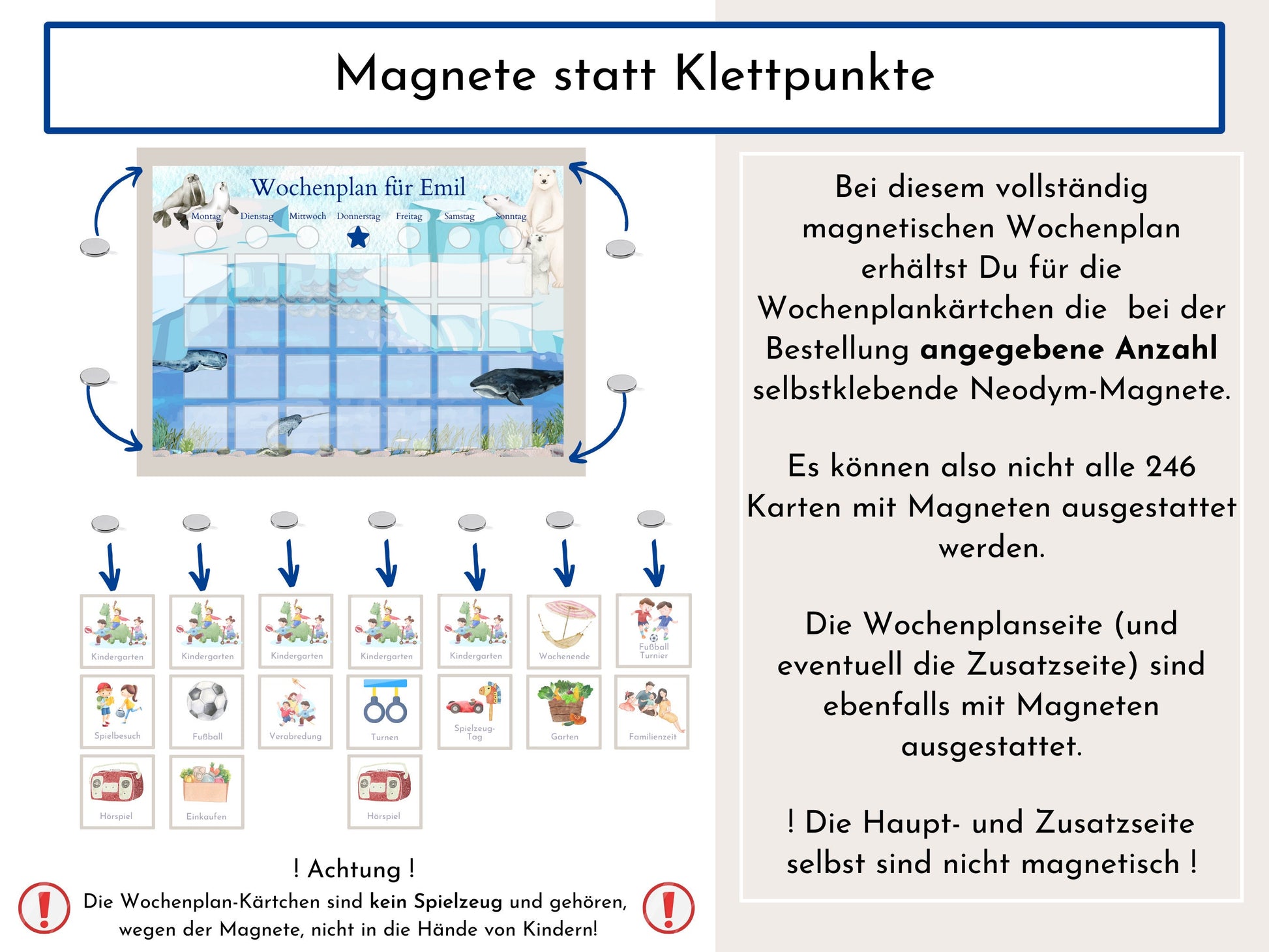 Magnetboard Wochenplan "Polarmeer" für Kinder und Teenager, 246 Routine Karten, 40-80 Neodym-Magnete, Routineplan von Familie Nordstern