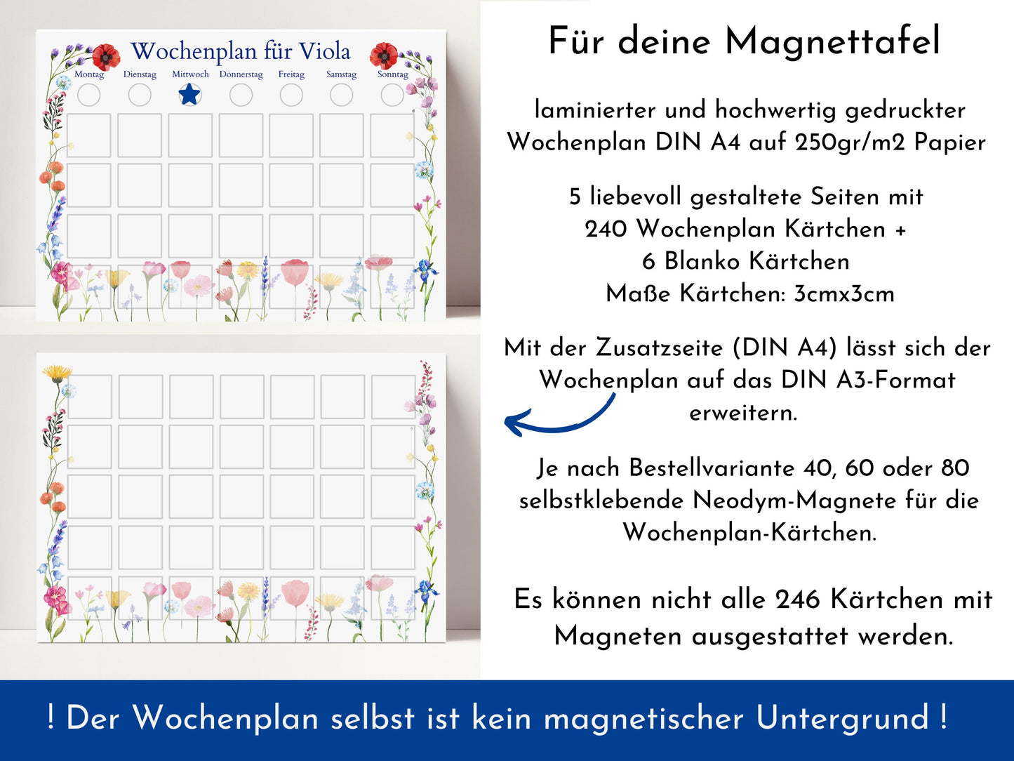 Magnetboard Wochenplan "Blumen" personalisiert für Kinder und Teenager, 246 Routine Karten, 40-80 Neodym-Magnete, Montessori Routineplan