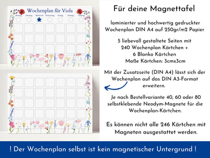 Magnetboard Wochenplan "Blumen" personalisiert für Kinder und Teenager, 246 Routine Karten, 40-80 Neodym-Magnete, Montessori Routineplan