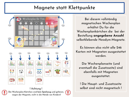 Magnetboard Wochenplan "Universum" personalisiert für Kinder und Teenager, 246 Routine Karten, Tagesplan mit 40-80 Magneten, Routineplan