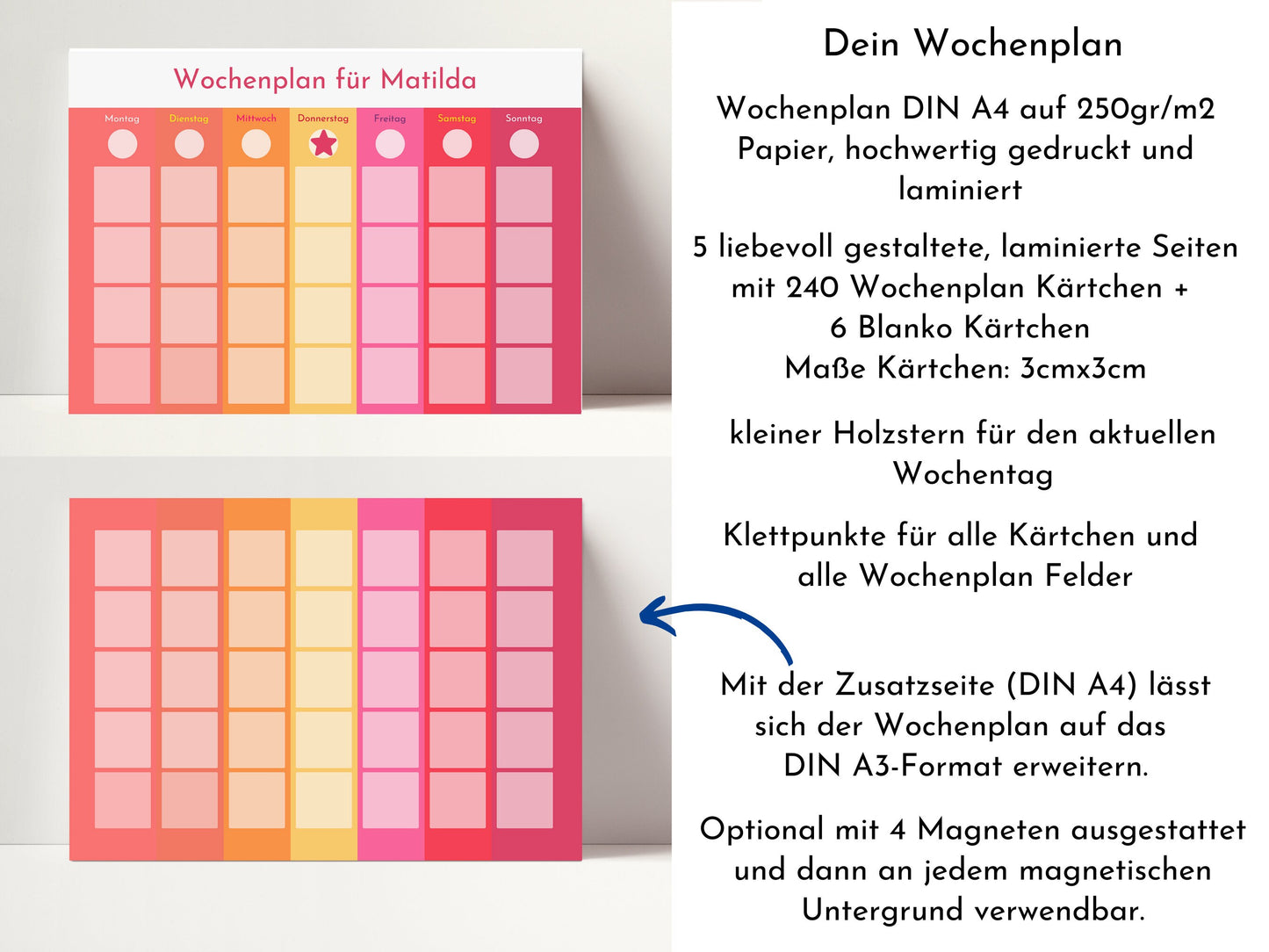 Wochenplan "Sonnenaufgang" mit Name personalisiert, 246 Routine Karten, laminiert magnetisch, Routineplan für Kinder und Jugendliche