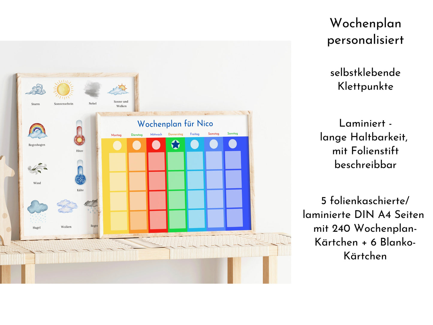 Wochenplan "Montessori" mit Name personalisiert, 246 Routine Karten, laminiert magnetisch Klett, Routineplan für Kinder und Jugendliche