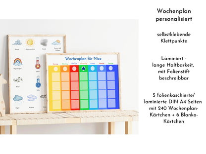 Wochenplan "Montessori" mit Name personalisiert, 246 Routine Karten, laminiert magnetisch Klett, Routineplan für Kinder und Jugendliche