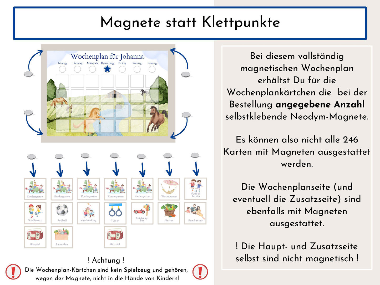 Magnetboard Wochenplan "Pferde" für Kinder o. Teenager, personalisiert, 246 laminierte Routine Karten, 40-80 Magnete, Montessori Routineplan