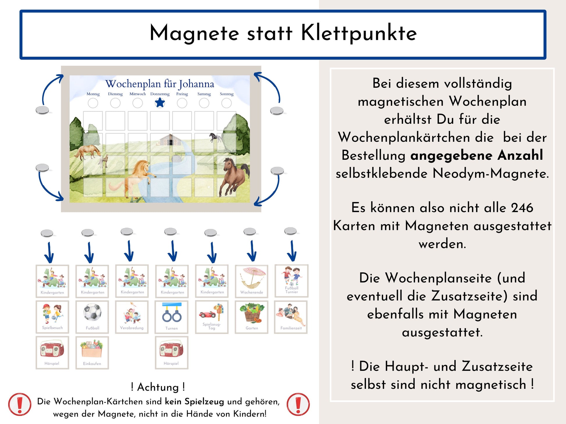 Magnetboard Wochenplan "Pferde" für Kinder o. Teenager, personalisiert, 246 laminierte Routine Karten, 40-80 Magnete, Montessori Routineplan