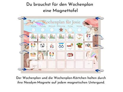 Personalisierter Wochenplan "Drache und Einhorn" für Kinder, 246 Routine Karten, Tagesplan mit 40-80 Magneten, Routineplan mit Bildkarten