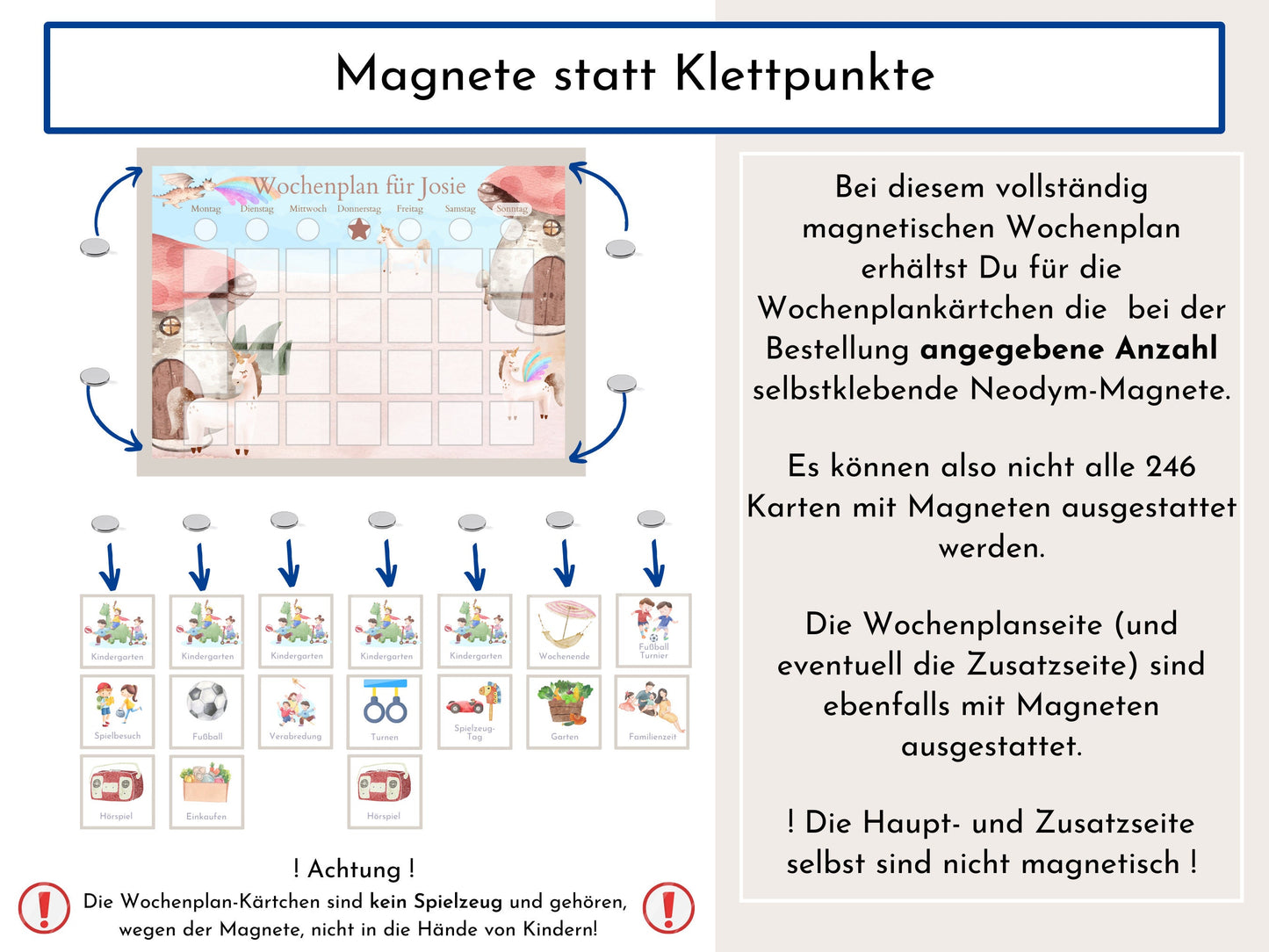 Personalisierter Wochenplan "Drache und Einhorn" für Kinder, 246 Routine Karten, Tagesplan mit 40-80 Magneten, Routineplan mit Bildkarten