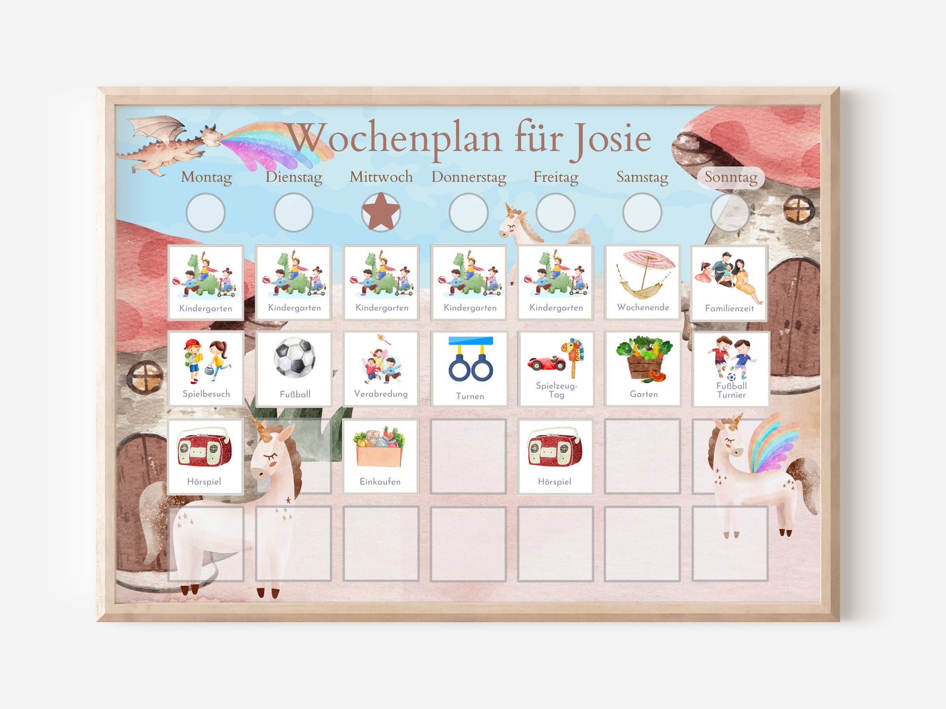 Personalisierter Wochenplan "Drache und Einhorn" für Kinder, 246 Routine Karten, Tagesplan mit 40-80 Magneten, Routineplan mit Bildkarten