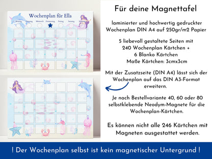 Magnetboard Wochenplan "Meerjungfrau" personalisiert für Kinder und Teenager, 246 Routine Karten, Neodym-Magnete, Montessori Routineplan