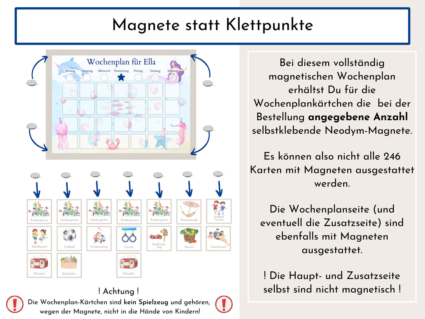 Magnetboard Wochenplan "Meerjungfrau" personalisiert für Kinder und Teenager, 246 Routine Karten, Neodym-Magnete, Montessori Routineplan