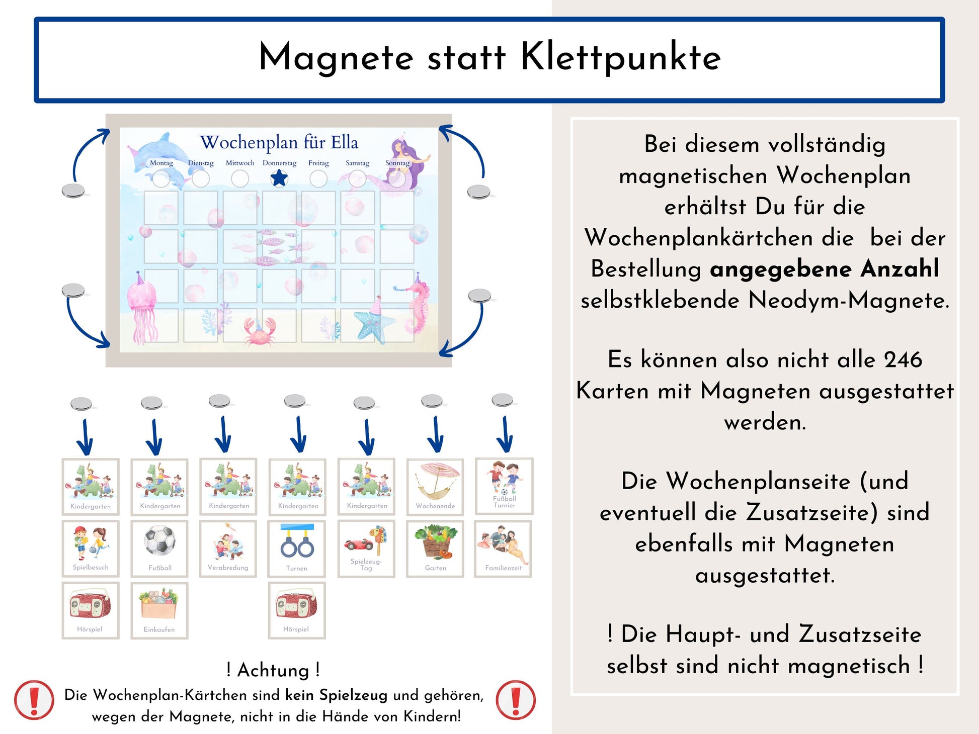 Magnetboard Wochenplan "Meerjungfrau" personalisiert für Kinder und Teenager, 246 Routine Karten, Neodym-Magnete, Montessori Routineplan