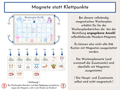 Magnetboard Wochenplan "Meerjungfrau" personalisiert für Kinder und Teenager, 246 Routine Karten, Neodym-Magnete, Montessori Routineplan