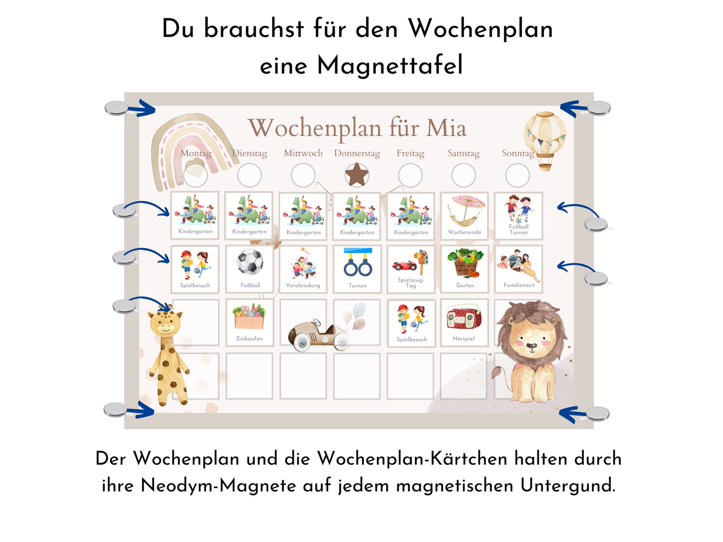 Magnetboard Wochenplan "Boho" personalisiert für Kinder, 246 Routine Karten, Neodym-Magnete, Montessori Routineplan von Familie Nordstern