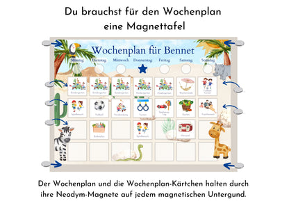 Magnetboard Wochenplan "Giraffe und Nashorn" für Kinder, 246 Routine Karten, 40-80 Magnete, Montessori Routineplan von Familie Nordstern