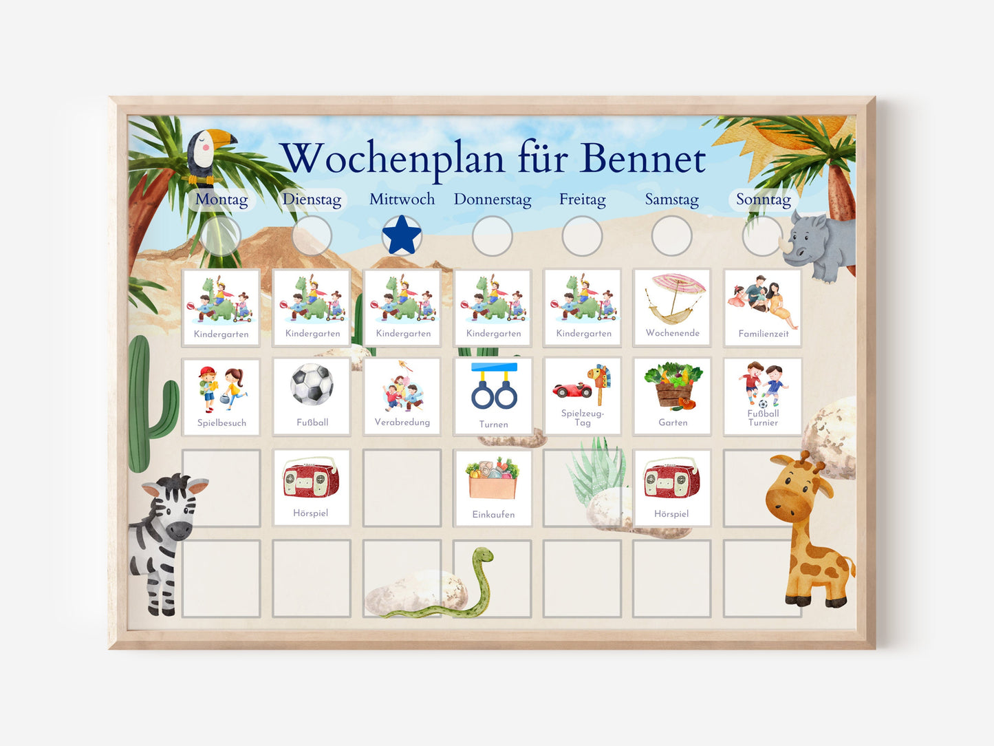 Magnetboard Wochenplan "Giraffe und Nashorn" für Kinder, 246 Routine Karten, 40-80 Magnete, Montessori Routineplan von Familie Nordstern