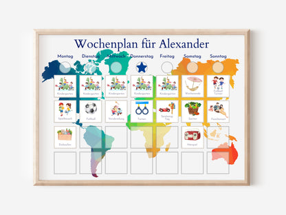 Personalisierter Kinder Wochenplan "Weltkarte" mit 246 Routine Karten, Montessori Routineplan für einen entspannten Tagesablauf