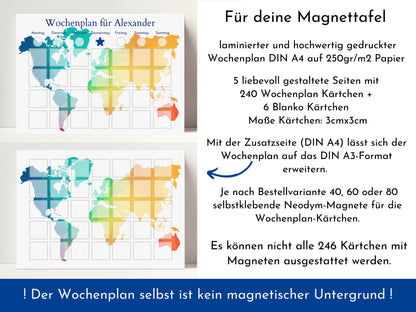 Magnetboard Wochenplan "Weltkarte" personalisiert für Kinder und Teenager, 246 Routine Karten, Neodym-Magnete, Montessori Routineplan