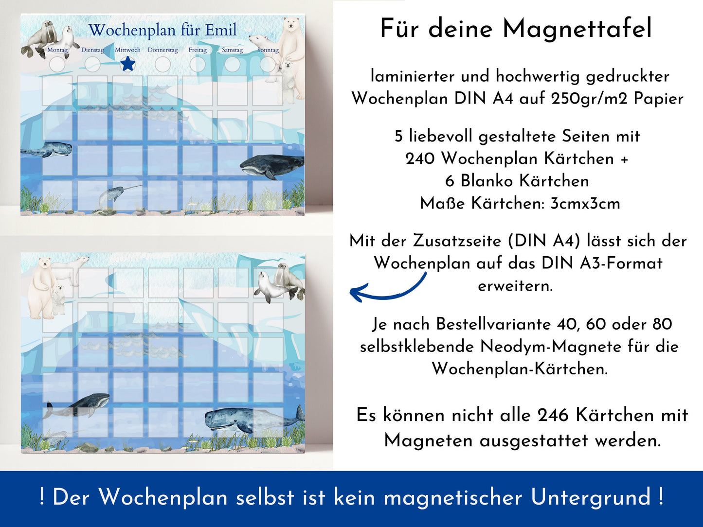 Magnetboard Wochenplan "Polarmeer" für Kinder und Teenager, 246 Routine Karten, 40-80 Neodym-Magnete, Routineplan von Familie Nordstern