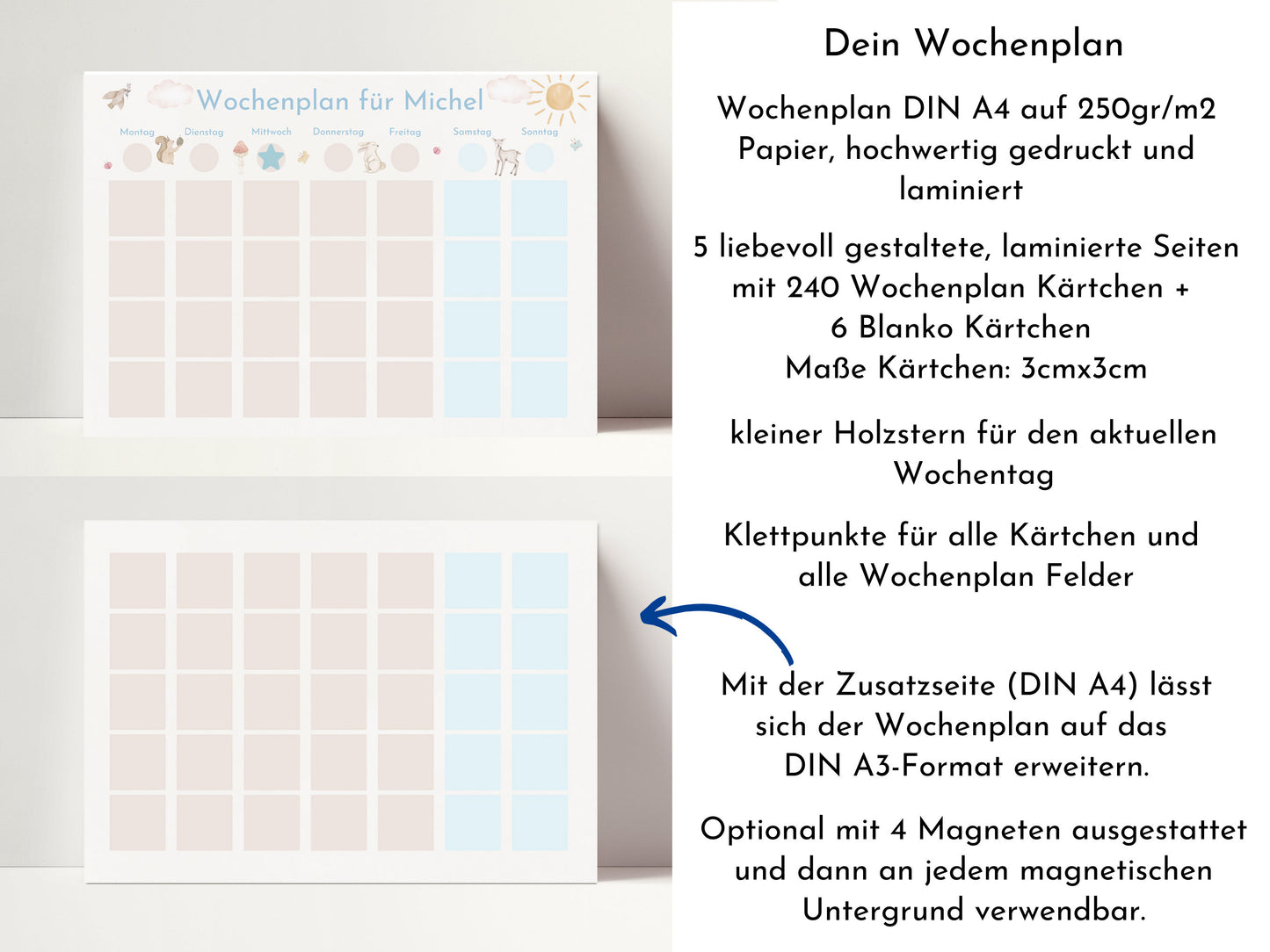 Wochenplan "Waldtiere Pastell" personalisiert für Kinder u. Teenager, 246 Routine Karten, optional magnetisch, Routineplan Familie Nordstern