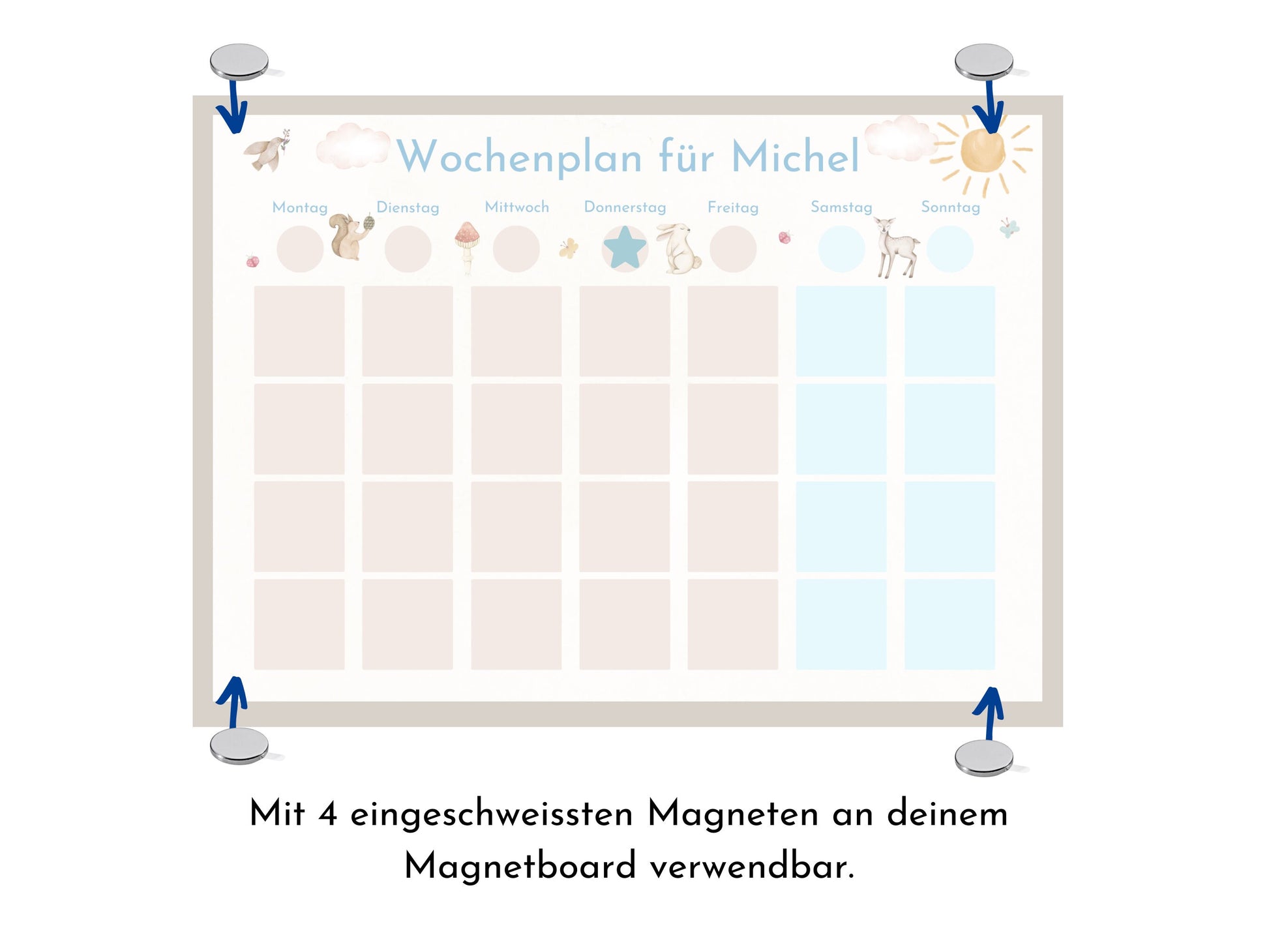 Wochenplan "Waldtiere Pastell" personalisiert für Kinder u. Teenager, 246 Routine Karten, optional magnetisch, Routineplan Familie Nordstern