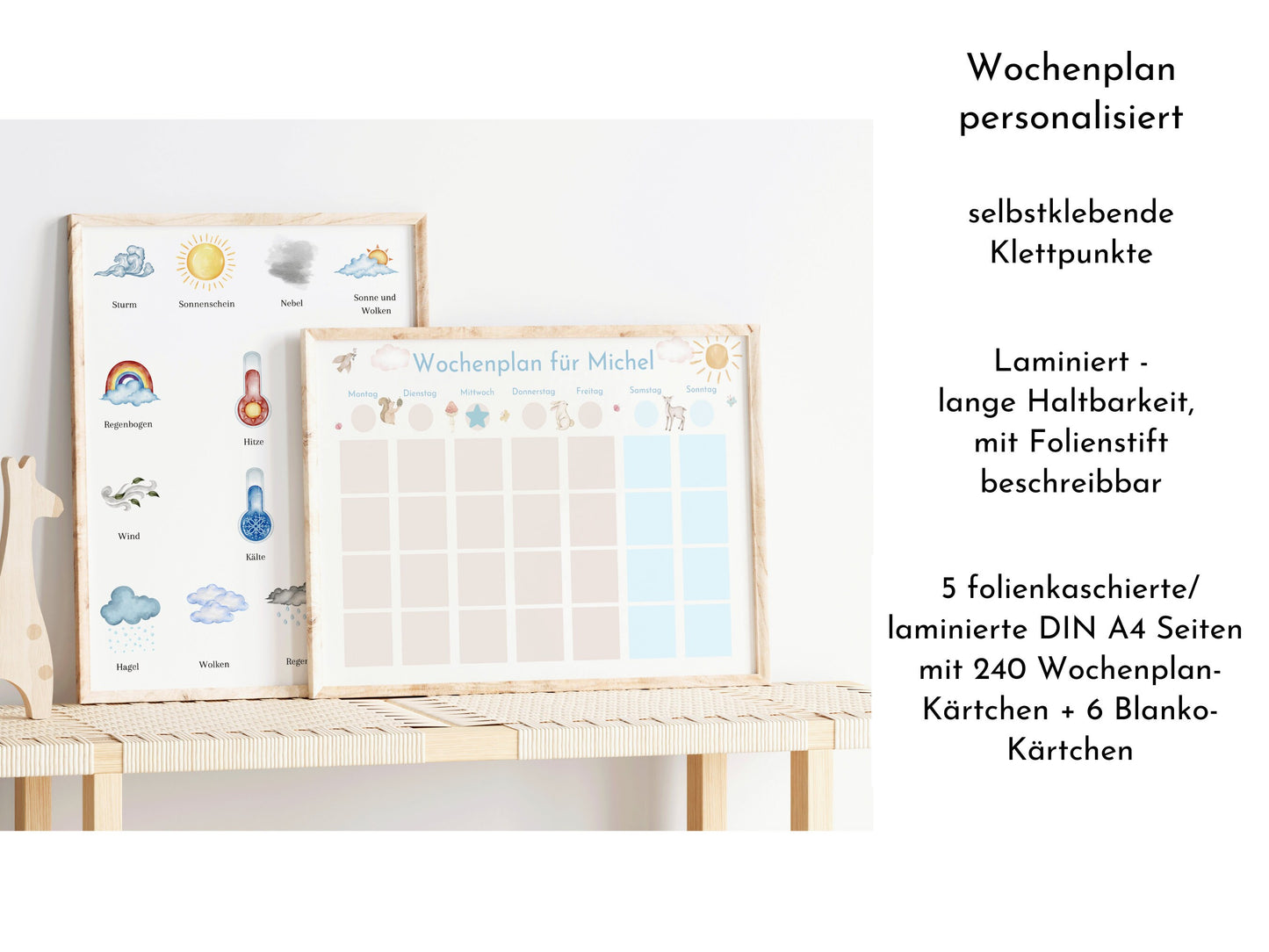 Wochenplan "Waldtiere Pastell" personalisiert für Kinder u. Teenager, 246 Routine Karten, optional magnetisch, Routineplan Familie Nordstern