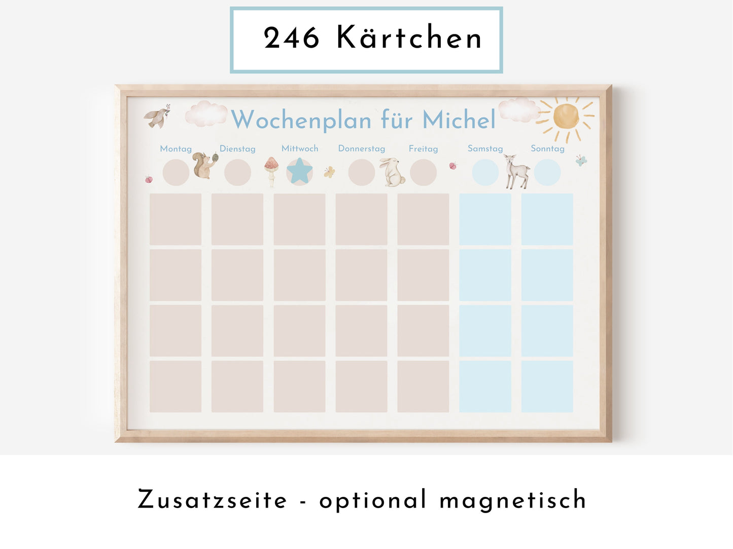 Wochenplan "Waldtiere Pastell" personalisiert für Kinder u. Teenager, 246 Routine Karten, optional magnetisch, Routineplan Familie Nordstern