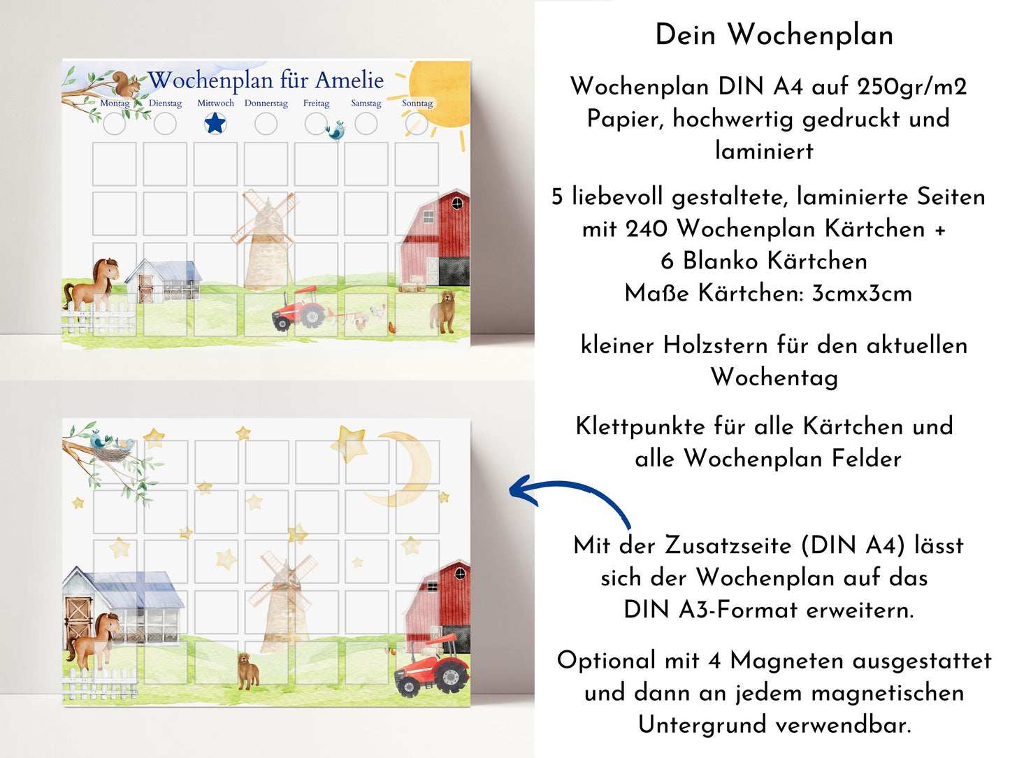 Wochenplan "Bauernhof" mit Name personalisiert, 246 Routine Karten, magnetisch, Routineplan für Kinder von Familie Nordstern