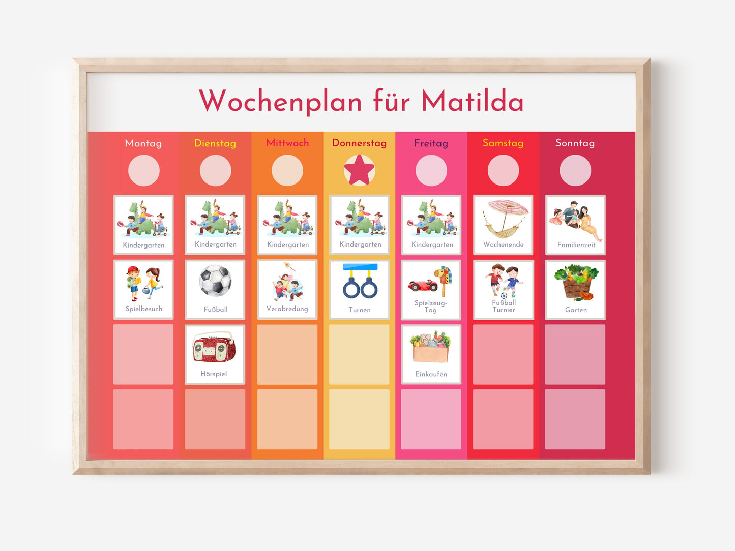 Wochenplan "Sonnenaufgang" mit Name personalisiert, 246 Routine Karten, laminiert magnetisch, Routineplan für Kinder und Jugendliche