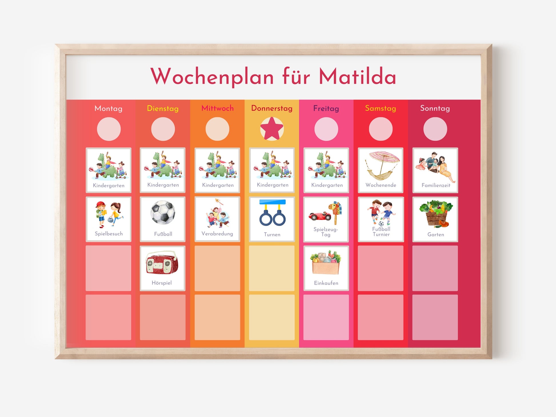 Wochenplan "Sonnenaufgang" mit Name personalisiert, 246 Routine Karten, laminiert magnetisch, Routineplan für Kinder und Jugendliche