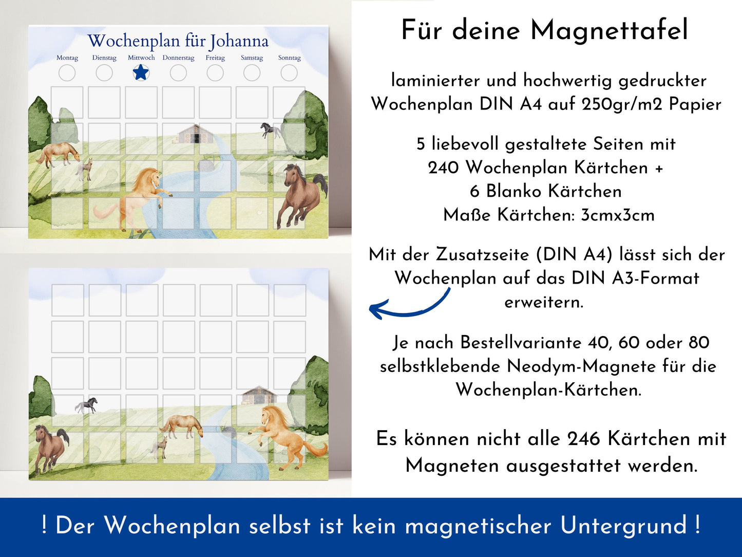 Magnetboard Wochenplan "Pferde" für Kinder o. Teenager, personalisiert, 246 laminierte Routine Karten, 40-80 Magnete, Montessori Routineplan