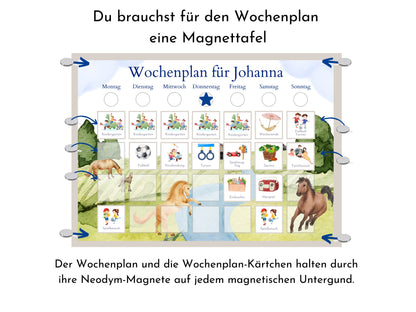 Magnetboard Wochenplan "Pferde" für Kinder o. Teenager, personalisiert, 246 laminierte Routine Karten, 40-80 Magnete, Montessori Routineplan