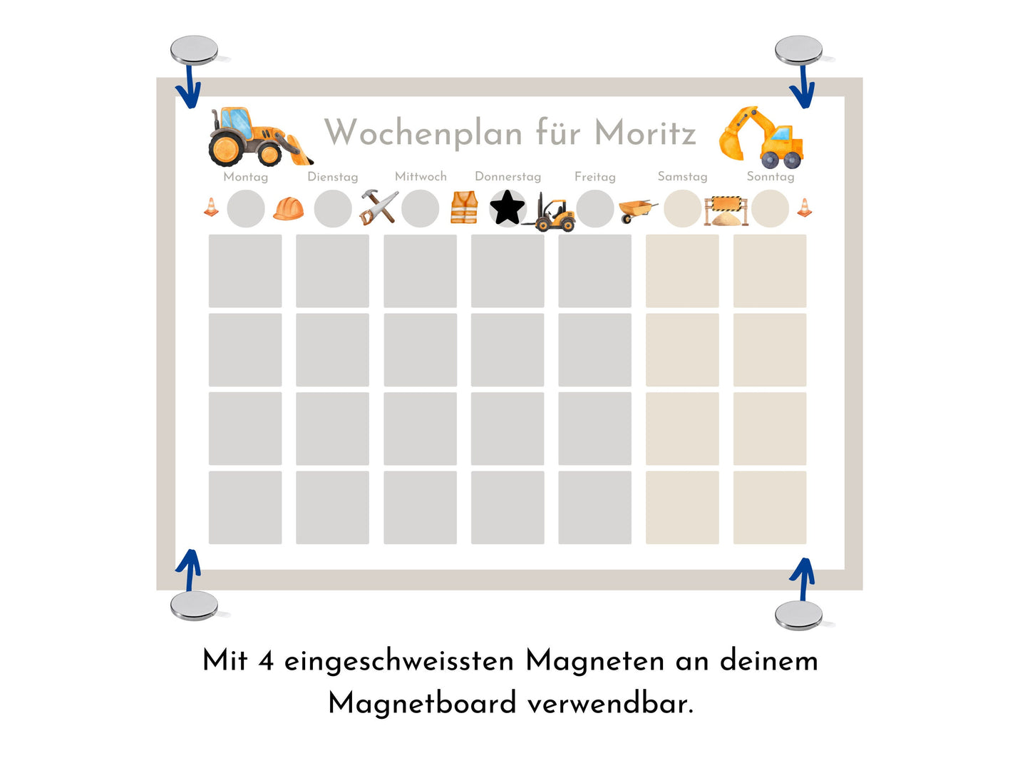 Wochenplan "Baustelle" mit Name personalisiert, 246 Routine Karten, laminiert magnetisch, Montessori Routineplan für Kinder und Jugendliche