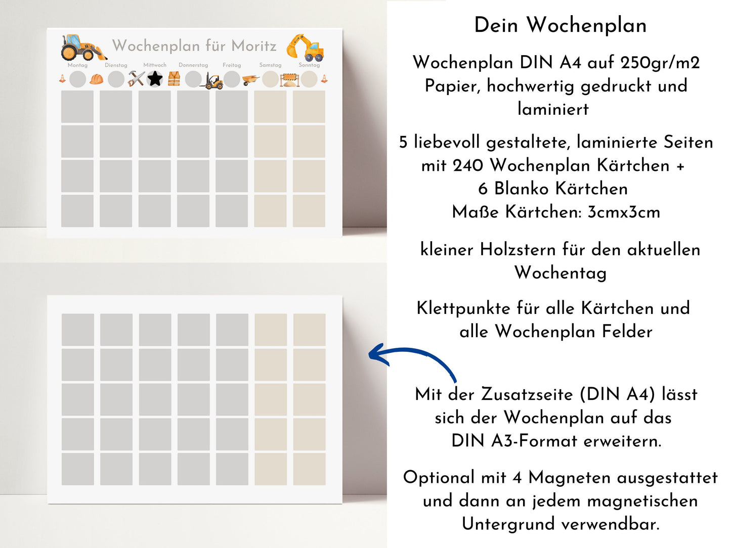 Wochenplan "Baustelle" mit Name personalisiert, 246 Routine Karten, laminiert magnetisch, Montessori Routineplan für Kinder und Jugendliche