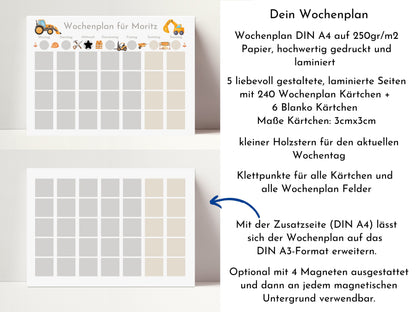 Wochenplan "Baustelle" mit Name personalisiert, 246 Routine Karten, laminiert magnetisch, Montessori Routineplan für Kinder und Jugendliche