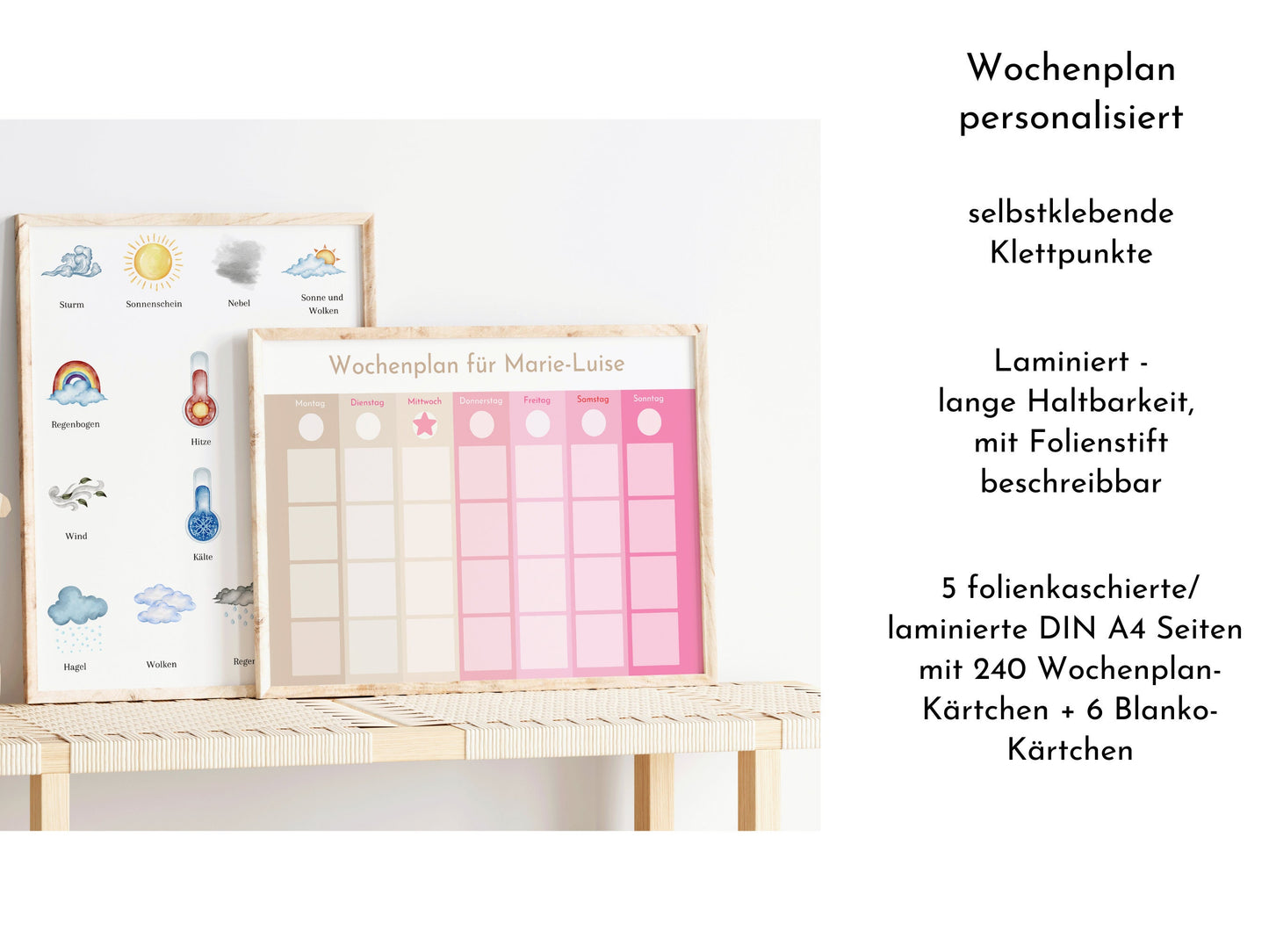 Wochenplan "Rosa Beige" mit 246 Routine Wochenkarten, personalisiert, Klett, laminiert, magnetisch, Routineplan für Kinder Kita und Schule