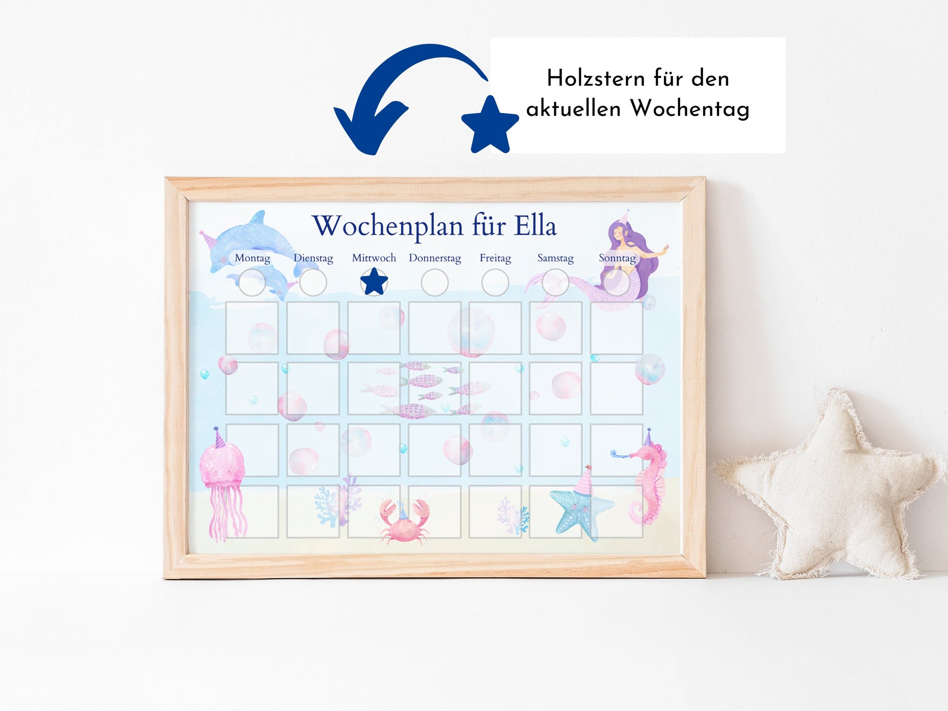 Magnetboard Wochenplan "Meerjungfrau" personalisiert für Kinder und Teenager, 246 Routine Karten, Neodym-Magnete, Montessori Routineplan