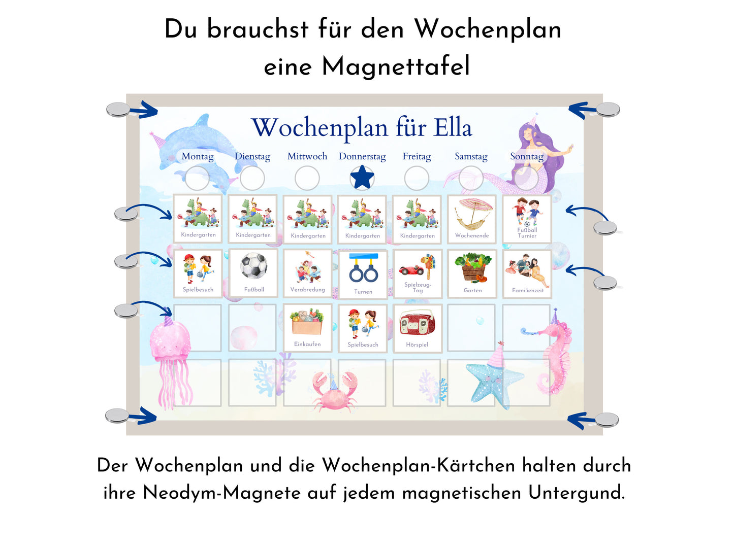 Magnetboard Wochenplan "Meerjungfrau" personalisiert für Kinder und Teenager, 246 Routine Karten, Neodym-Magnete, Montessori Routineplan