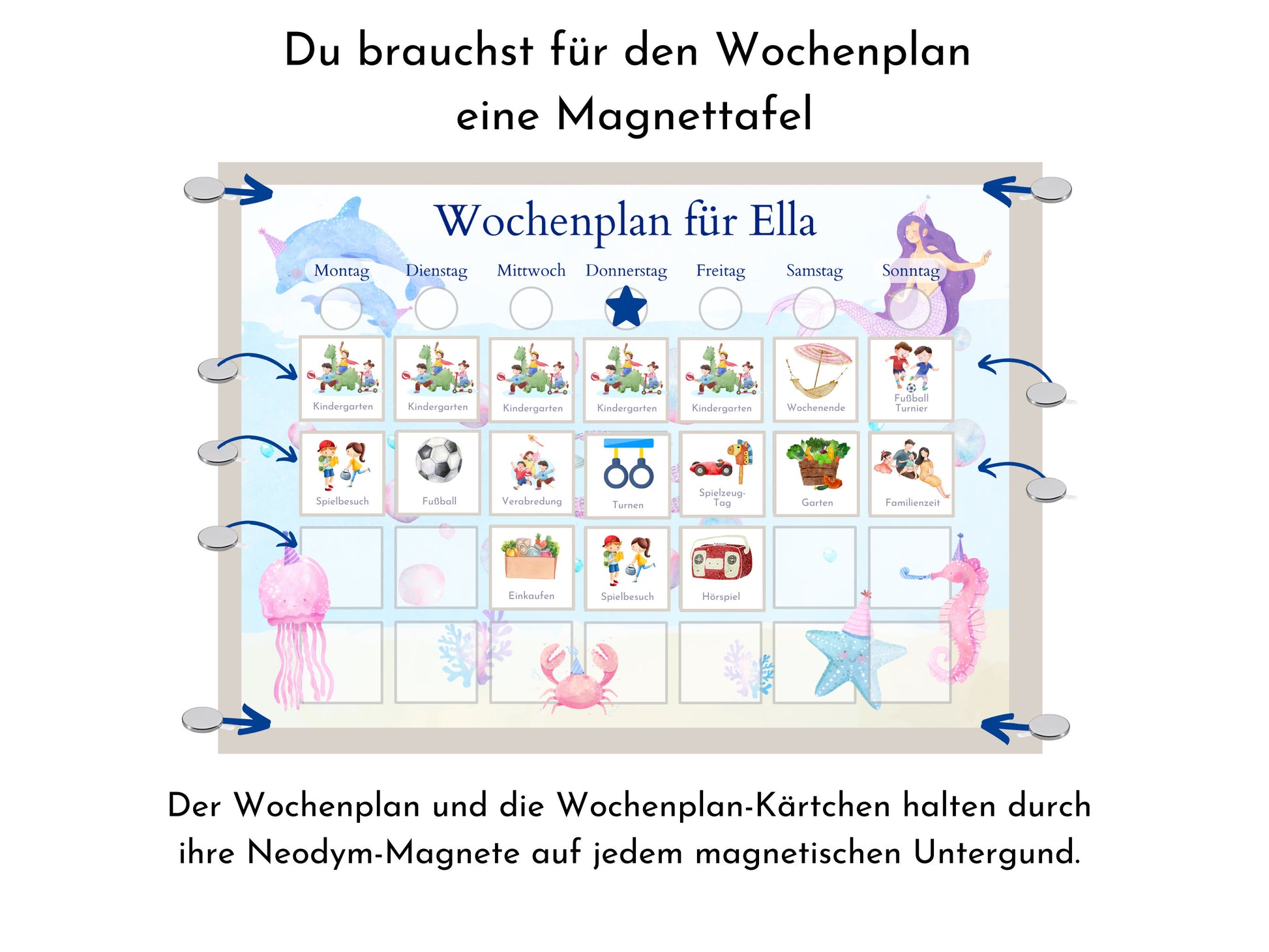 Magnetboard Wochenplan "Meerjungfrau" personalisiert für Kinder und Teenager, 246 Routine Karten, Neodym-Magnete, Montessori Routineplan