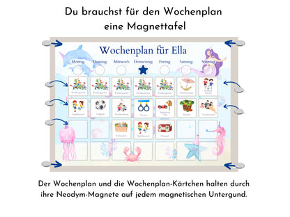 Magnetboard Wochenplan "Meerjungfrau" personalisiert für Kinder und Teenager, 246 Routine Karten, Neodym-Magnete, Montessori Routineplan