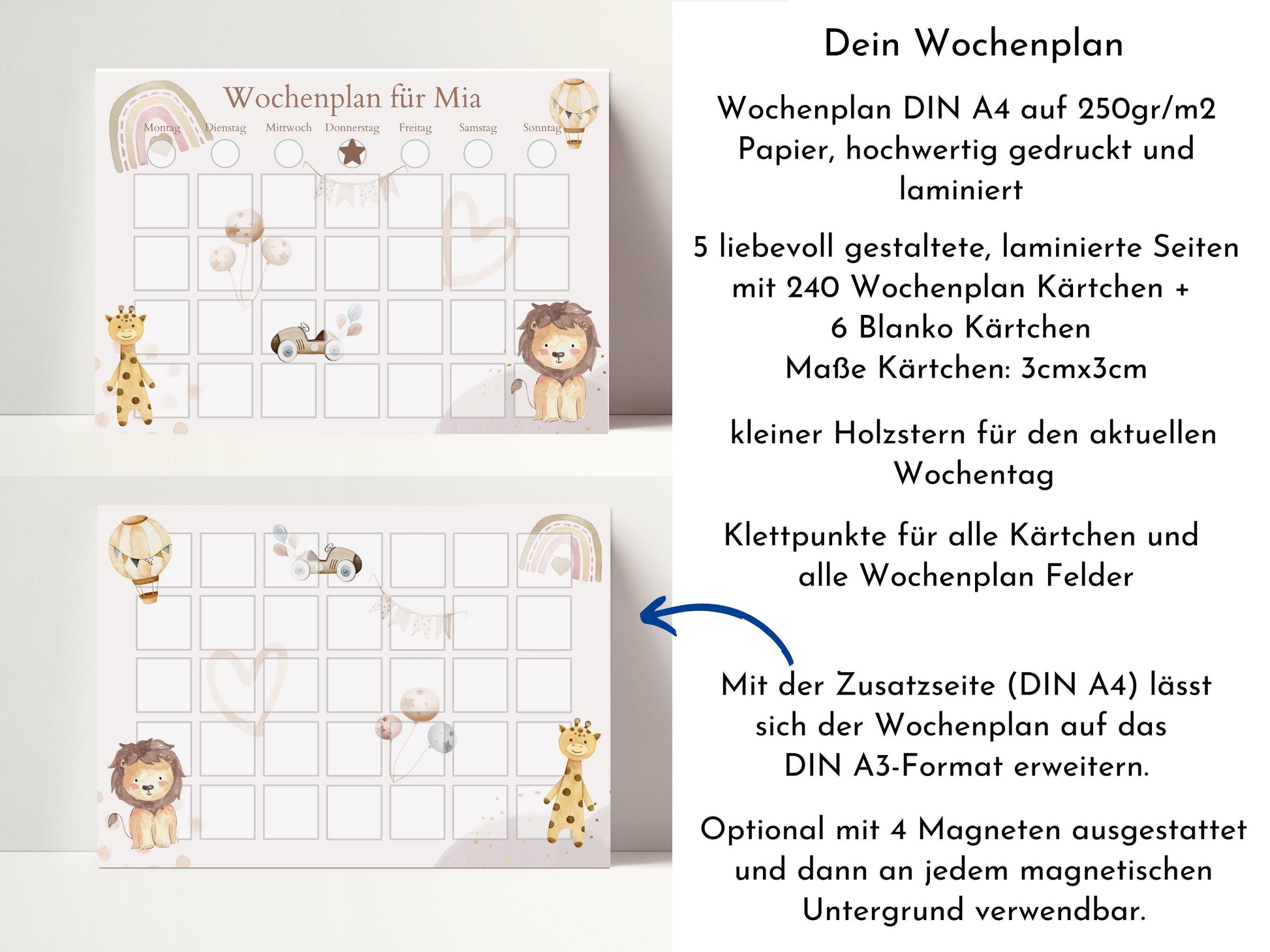 Personalisierter Wochenplaner "Boho" mit 246 Routine Karten für Kinder, laminiert, magnetisch, Montessori Routineplan von Familie Nordstern