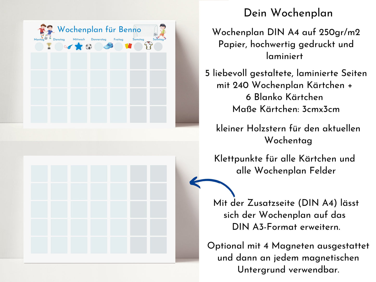 Personalisierter Wochenplan "Fussball", 246 Routine Karten, Klett, laminiert magnetisch, Montessori Routineplan für Kinder und Jugendliche