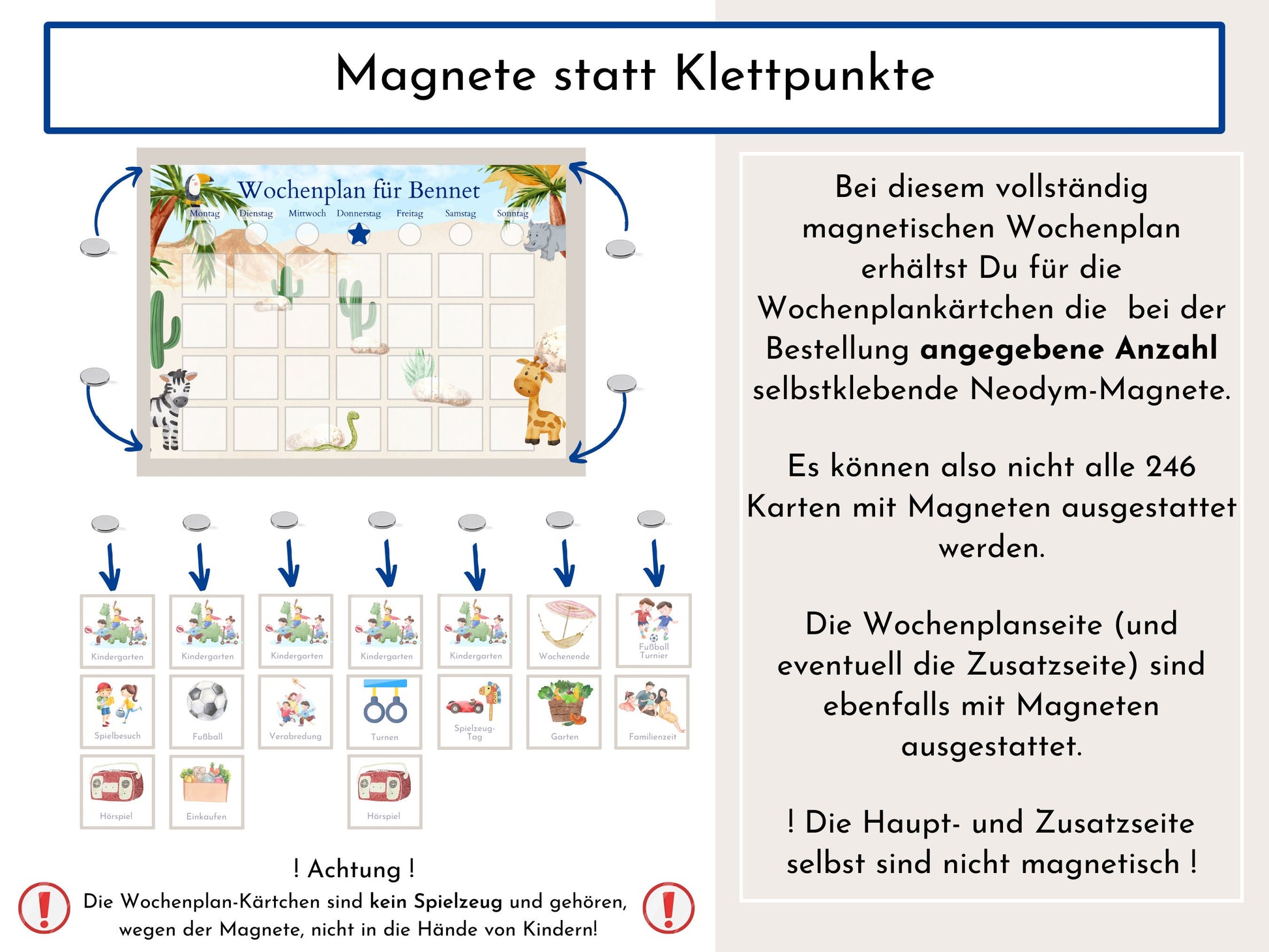 Magnetboard Wochenplan "Giraffe und Nashorn" für Kinder, 246 Routine Karten, 40-80 Magnete, Montessori Routineplan von Familie Nordstern